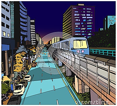 Street view illustration of urban residential area with overground metro line Vector Illustration