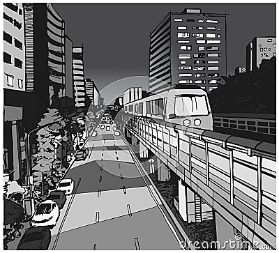 Street view illustration of urban residential area with overground metro line Stock Photo