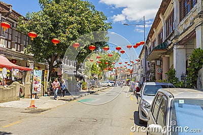 Street view of Lebuh Cannon in front of Leong San Tong Khoo Kongsi clan house in Penang, Malaysia Editorial Stock Photo