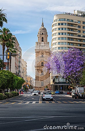 Street view with Malaga Cathedral - Malaga, Andalusia, Spain Editorial Stock Photo