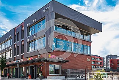 Street view of the modern shops downtown Langley BC. Cityscape office buildings with modern corporate architecture Editorial Stock Photo