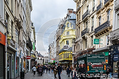 Street view of old downtown with lots of people walking at the street of Brussels, Belgium Editorial Stock Photo