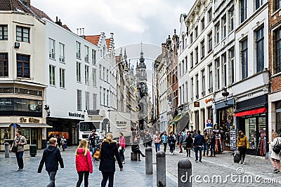 Street view of old downtown with lots of people walking at the street of Brussels, Belgium Editorial Stock Photo