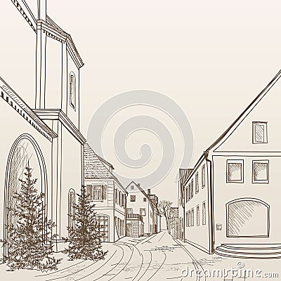 Street view in old european city. Retro cityscape - houses, buildings, tree on alleyway. Stock Photo