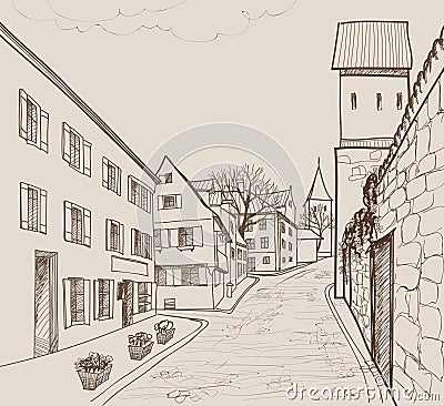 Street view in old european city. Retro cityscape - houses, buildings, tree on alleyway. Stock Photo