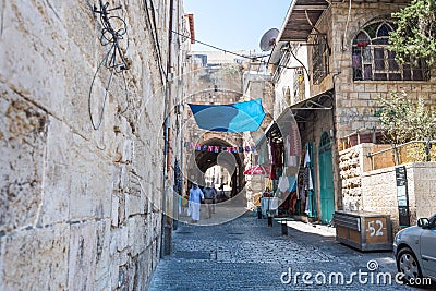 Street view of old street of Muslim quarter in the old city of Jerusalem, Israel Editorial Stock Photo