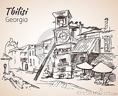 Street view of old Tbilisi, Georgia. Vector Illustration