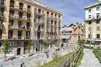 Street view of Sants quarter of Barcelona. Editorial Stock Photo