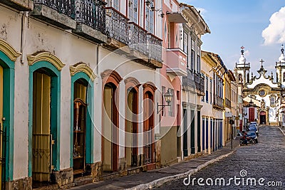 Street view of Sao Joao del Rei colonial buildings - Sao Joao Del Rei, Minas Gerais, Brazil Stock Photo