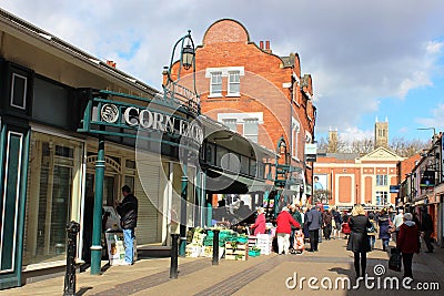 Street view of shoppers by Corn Exchange, Lincoln Editorial Stock Photo