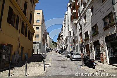 A street view of the shopping area in a port of call in Europe. Editorial Stock Photo