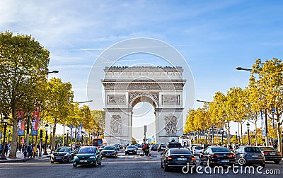 Street view to Arc de Triomphe on Champs Elysees Editorial Stock Photo