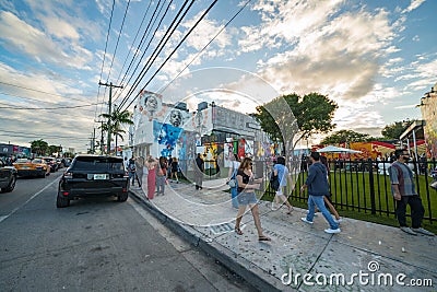 Street view of the Wynwood Walls Miami Florida during Art Basel Editorial Stock Photo