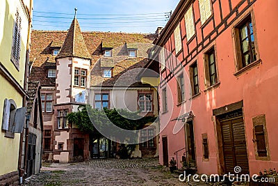 A street in the village of Riquewhir, in Alsace, France Stock Photo