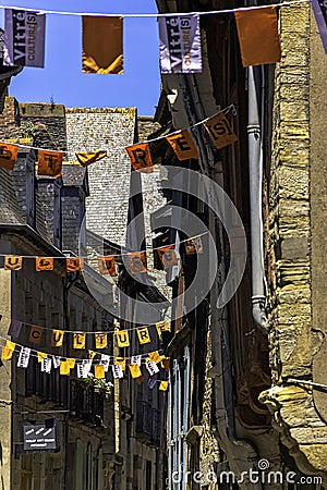 Street of Vitre Old Town with vintage architecture in Vitre, France Editorial Stock Photo