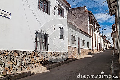 Street with white houses in Sucre, capital of Bolivi Stock Photo