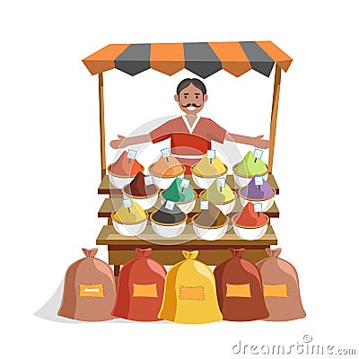 Street wooden counter with exotic spices and friendly seller. Vector Illustration