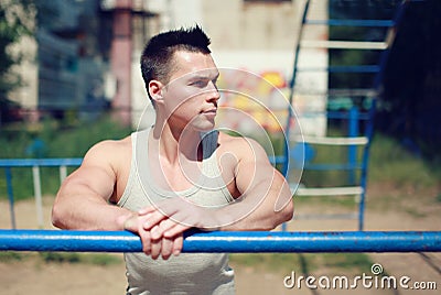 Street workout, portrait sportsman looking Stock Photo