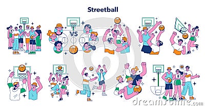 Streetball game set. Team players play basketball outside. Teen or young Vector Illustration