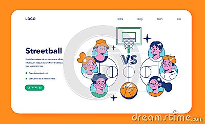 Streetball game web banner or landing page. Team players play basketball Vector Illustration
