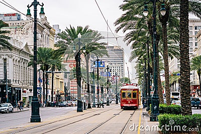Streetcar along Canal Street, in New Orleans, Louisiana Editorial Stock Photo