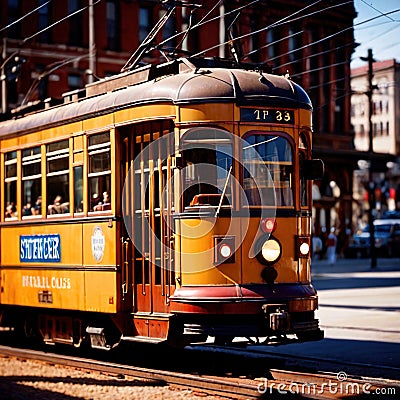 Streetcar, tram, urban city public transport transit vehicle on rails Stock Photo