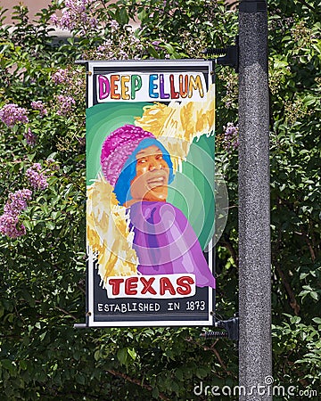 Streetpole banner in Deep Ellum, Texas, designed by local artist Ebony Lewis in honor of Black History Month in February, 2021. Editorial Stock Photo