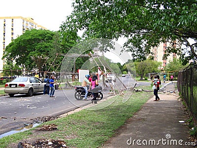 Streets blocked by anti-government protests in Puerto Ordaz city, Venezuela. Editorial Stock Photo