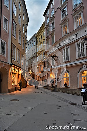 Streets and buildings in Ancient Salzburg among the Alpine mountains Editorial Stock Photo