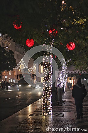 Streets, buildings and squares illuminated at Christmas in Lisbon Editorial Stock Photo