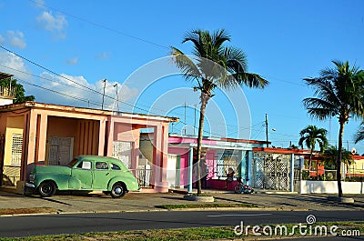 Streets of Cienfuegos and old cars, Cuba Editorial Stock Photo