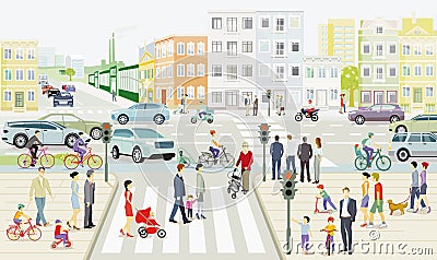 Streets with families and traffic in a city illustration Vector Illustration