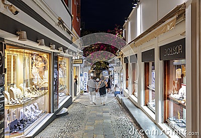 On the streets of Fira at night, Santorini Editorial Stock Photo