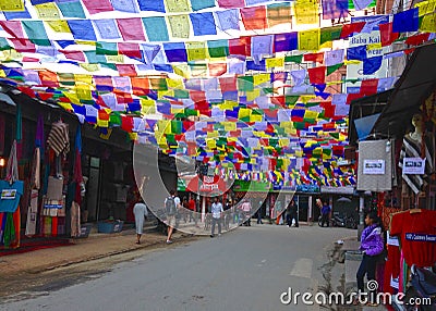 Streets of Kathmandu decorated with flags Editorial Stock Photo