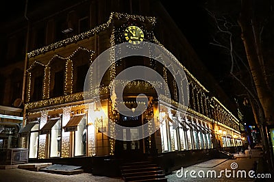 Streets of night Odessa with beautiful illumination. Editorial Stock Photo