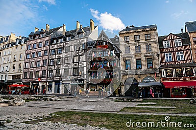 On the streets of the old town of Rouen with traditional half-timbered heritage houses. Rouen, Normandy, France Editorial Stock Photo