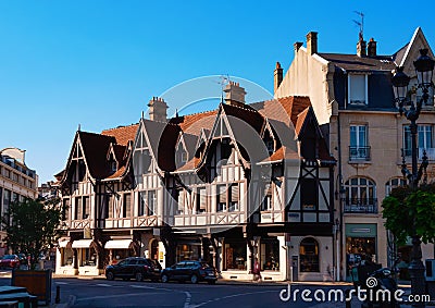 Streets of Reims with view of half-timbered building Editorial Stock Photo