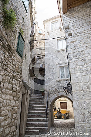 Streets in Trogir, port and historical city on the Adriatic sea coast in the Split-Dalmatia region, Croatia Editorial Stock Photo
