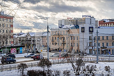 The streets of Ulan-Ude, Buryatiya, Russia, with the traffic and hotel 