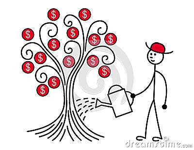 A man in a red hat watered a tree. On the tree grow dollars. Metaphor. Vector. Vector Illustration