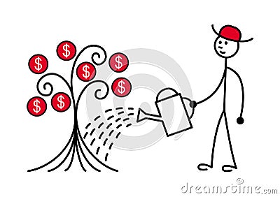 A man in a red hat watered a tree. On the tree grow dollars. Vector drawing Vector Illustration