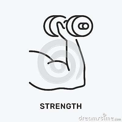 Strength line icon. Vector illustration of arm and dumbbell. Black outline pictogram for physical training Vector Illustration
