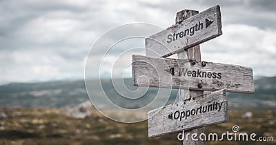 Strength weakness opportunity text engraved on wooden signpost outdoors in nature. Stock Photo