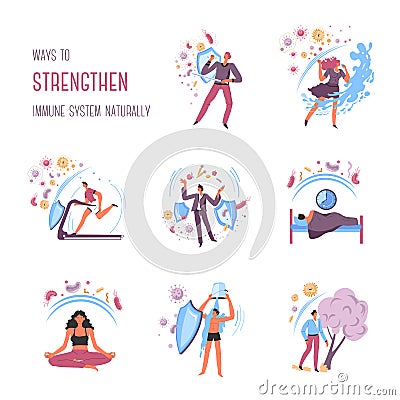 Strengthen immune system, actions and rules to stay healthy Vector Illustration