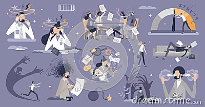 Stress, anxiety and work overload mini scenes in tiny person collection set Vector Illustration