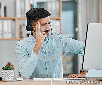 Stress, call center problem or man at computer, telemarketing agency and fail of anxiety, frustrated error or 404 glitch Stock Photo