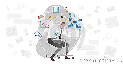 Stress causes vector illustration. Busy men in office with document pile and computer stressing about low battery and deadlines. Vector Illustration