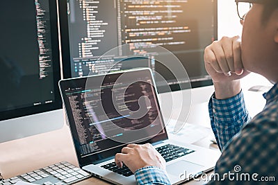 Stress developing programming looking coding technology working on computer Stock Photo