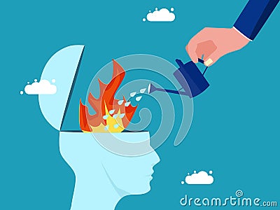 Stress or emotional problems. businessman who pours water to put out the fire in his brain Vector Illustration