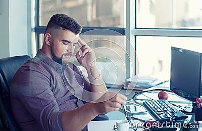 Stress, fatigue overwork. Exhausted tired businessman working at Stock Photo